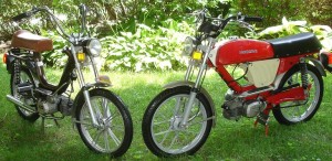 Left, 1977 Negrini Harvard (step thru) with optional Morini MO2 engine, with only 30 miles on the odometer. Right, 1978 Negrini MX Sport (top tank) with standard Morini MO1 engine, with only 138 miles traveled total.